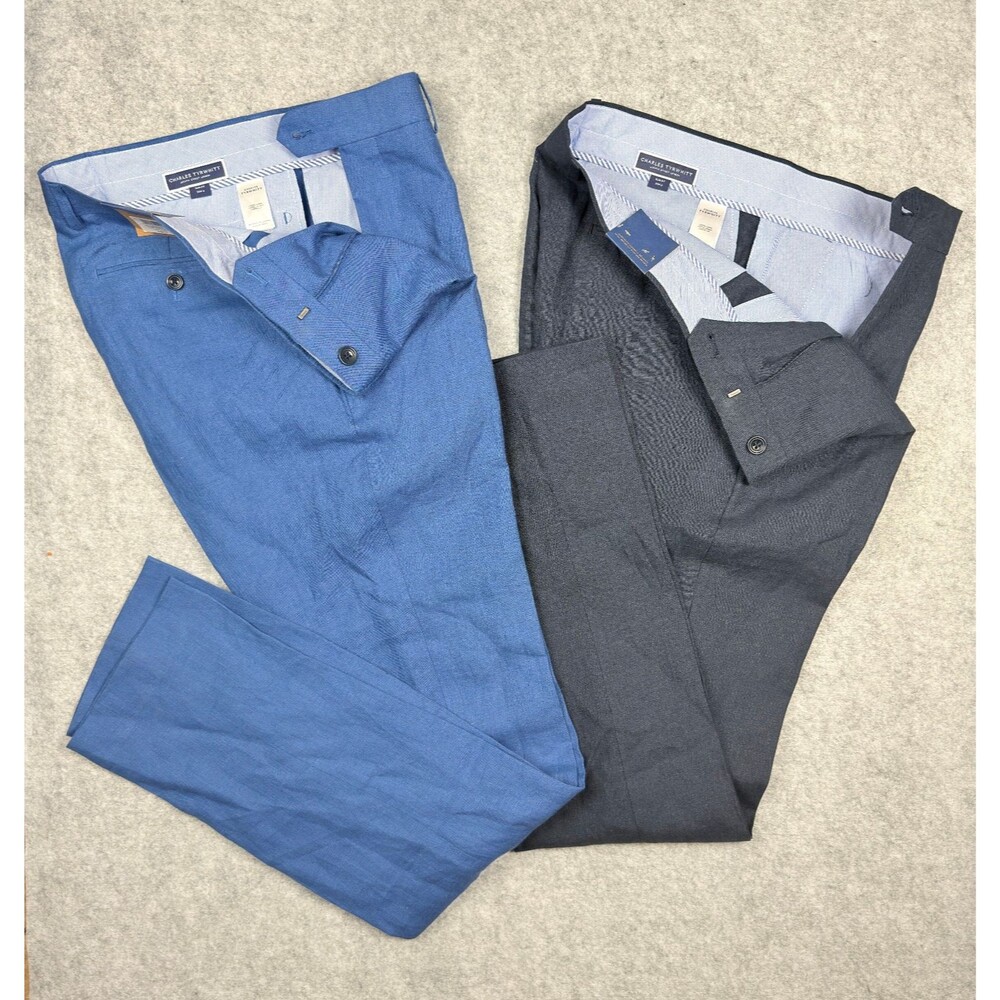 Charles Tyrwhitt 2-Pair 100% Linen Pants 34W 36L Slim Fit Navy French Blue NWT